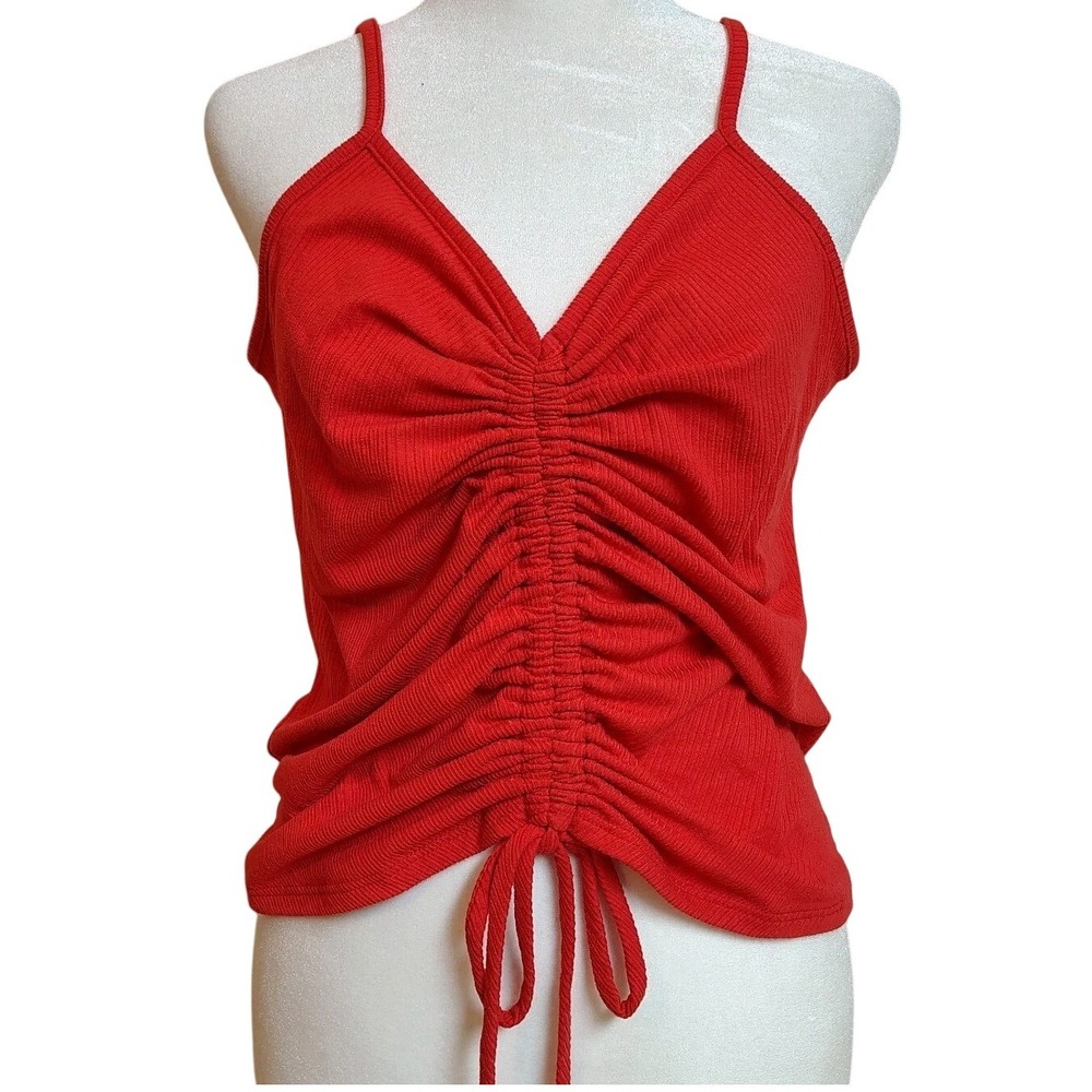 Love‎ Wins Tank Top Size Large Red Ruched Ribbed Adjustable Y2K Style Retro Bold